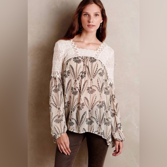 GUC Anthropologie Floreat- Cantana Floral Peasant Lace Yoke Blouse. Size US 10 - Picture 1 of 11